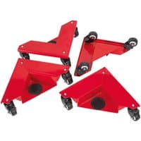 Red Sealey CM4 corner transport dollies set with triangular frames and black swivel casters.