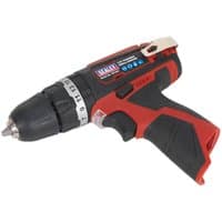 Red and black Sealey cordless hammer drill with ergonomic grip and 10mm chuck, 12V Li-ion, without battery.