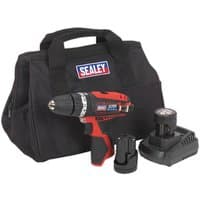 Red and black Sealey cordless hammer drill with two batteries, charger, and black carrying bag.