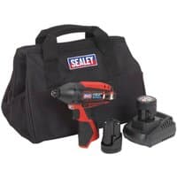 Red and black Sealey impact driver with two batteries, charger, and branded black carrying bag.