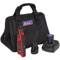 Red Sealey cordless rotary tool kit with black carrying bag, two batteries, and charger.