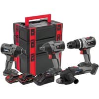 Sealey brushless tool combo with two drills, impact wrench, grinder, two batteries, charger, and red-black storage box.