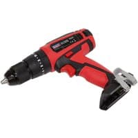 Red and black Sealey 20V hammer drill/driver with ergonomic grip and metal belt clip, bare unit without battery.