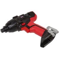 Red and black Sealey cordless impact driver with 1/4" hex drive, ergonomic grip, and metal belt clip.