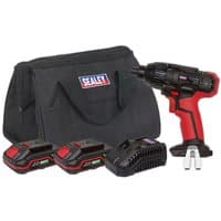 Red and black Sealey impact driver with two batteries, charger, and black carrying bag.