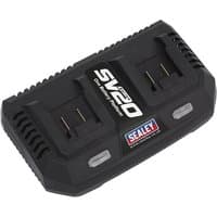 Black Sealey dual battery charger with two slots, labeled SV20, featuring a Sealey logo and vented sides.
