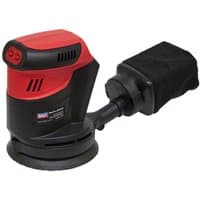 Red and black Sealey orbital palm sander with dust bag attachment, 125mm sanding pad, ergonomic grip.