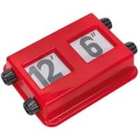 Red Sealey vehicle height indicator with black knobs, displaying "12' 6''" in black on white panels.