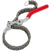 Sealey chain wrench with red handle and metal chain loop for air dryer cartridges, adjustable Ø60-160mm.