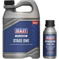 Sealey DPF Ultra Cleaning Kit with large silver Stage One jug and smaller Stage Two bottle, both with blue labels.