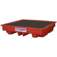 Red Sealey DRP13 Barrel Bund with black grid surface, rectangular polyethylene design, four support feet.