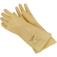 Yellow Sealey electrician's safety gloves, 1kV rated, with extended cuffs and printed safety markings.