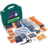 Small green Sealey first aid kit with handle, includes bandages, wipes, scissors, and plasters, BS 8599-1 compliant.