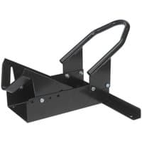 Black Sealey motorcycle rear wheel chock with adjustable cradle and sturdy steel frame.