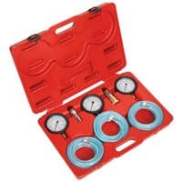 Red Sealey HGV air brake test gauge set with three gauges, blue hoses, and brass fittings in a molded carrying case.