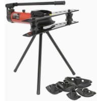 Sealey red and black hydraulic pipe bender on tripod stand with multiple bending dies.