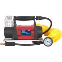 Red and black Sealey 12V tyre inflator with 7.5m yellow hose and pressure gauge.