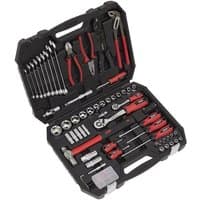 Black Sealey Mechanic's Tool Kit with red-handled pliers, wrenches, sockets, and screwdrivers in a molded case.