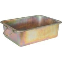 Rectangular Sealey metal drain pan, 20-liter capacity, with a shiny, iridescent finish and sturdy side handles.