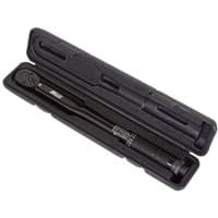 Black Sealey micrometer torque wrench with 3/8" square drive in a black protective case.