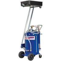 Blue Sealey mobile oil drainer with 100L tank, cantilever air discharge, probes, and wheels.
