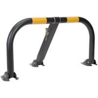 Black and yellow Sealey parking barrier with triple legs and integral lock, featuring a curved top and sturdy base.
