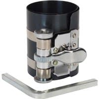 Black Sealey piston ring compressor with silver latch and adjustment tool, 75mm diameter, 60-175mm range.