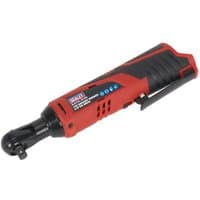 Red and black Sealey 12V ratchet wrench with 3/8" square drive, ergonomic grip, and compact design.