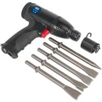 Black Sealey air hammer kit with ergonomic handle, four chisel attachments, and a coil spring.