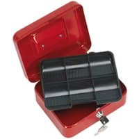 Red Sealey key lock cash box with black compartment tray, open lid, and attached key.