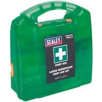 Green Sealey SFA01L large first aid kit with white cross and Sealey logo on front, sturdy handle on top.
