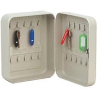 Beige Sealey key cabinet with 20 hooks, open to show colored key tags and compact metal design.