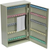 Sealey SKC200 key cabinet, beige metal, open door, 200 key capacity, colored key tags, and index card holder.