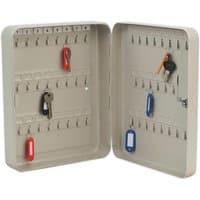 Beige Sealey key cabinet with 45 hooks, open design, and multicolored key tags.