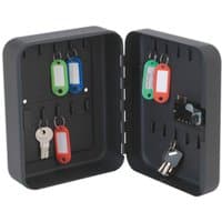 Black Sealey SKC820 key cabinet with combination lock, open to show 20 hooks and colorful key tags inside.