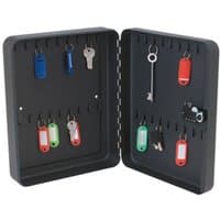 Black Sealey 36 key cabinet with combination lock, open to show labeled key hooks and colorful key tags.