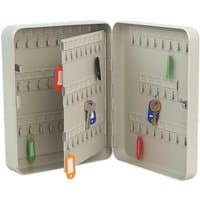 Beige Sealey key cabinet with 93 hooks, multicolored key tags, and a hinged door.