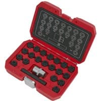 Red Sealey SX220 22-piece locking wheel nut key set in a hard case with black foam insert and silver latch.