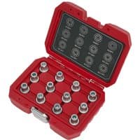 Red Sealey SX224 12 piece locking wheel nut key set for VW, in a hard case with labeled slots for each key.