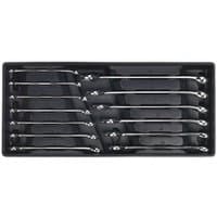 Sealey 13-piece combination spanner set in black tray, silver wrenches ranging from 7mm to 19mm, organized in slots.