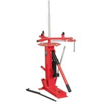 Red Sealey TC965 motorcycle and mini tyre changer with adjustable arms and sturdy base.
