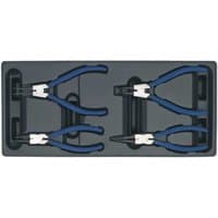 Sealey tool tray with four blue-handled circlip pliers, neatly arranged in a black molded tray.