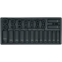 Black Sealey tool tray with 28-piece metric impact socket set, organized in a rectangular layout.