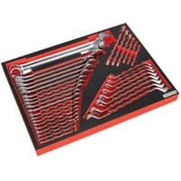 Sealey tool tray with 35-piece spanner set, featuring chrome wrenches in organized red and black foam insert.