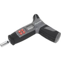 Sealey digital torque screwdriver with black handle, red buttons, LCD display, and 1/4" hex drive.