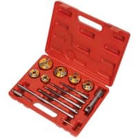 Red Sealey valve seat cutter set with multiple metal cutters and handles in a molded case.