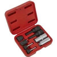 Red case with black and silver sockets, Sealey VS2068 8-piece diesel injector repair set, organized in foam insert.