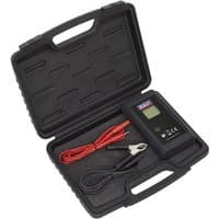 Black Sealey VS270 glow plug tester with digital display, red and black cables, in a molded carrying case.