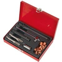 Red Sealey VS301 spark plug thread repair kit with various metal tools and copper inserts in a fitted case.