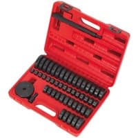 Red Sealey 52pc bearing race and seal driver set in a molded case with various black discs and handle.